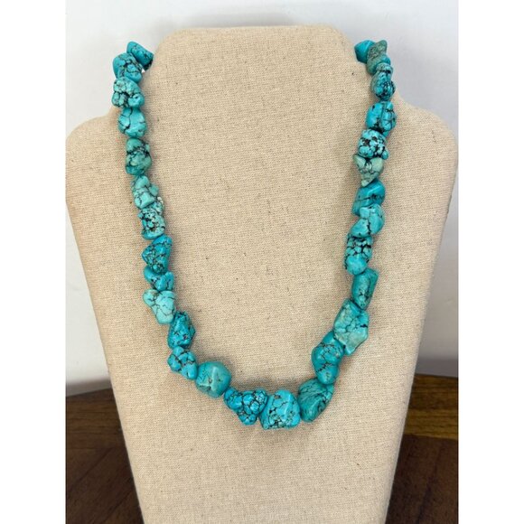 Chunky Natural Blue Turquoise Nuggets Beaded Necklace 18" Long